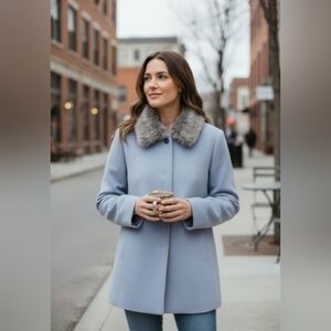 Women's Light Blue Short Coat with Faux Fur Collar